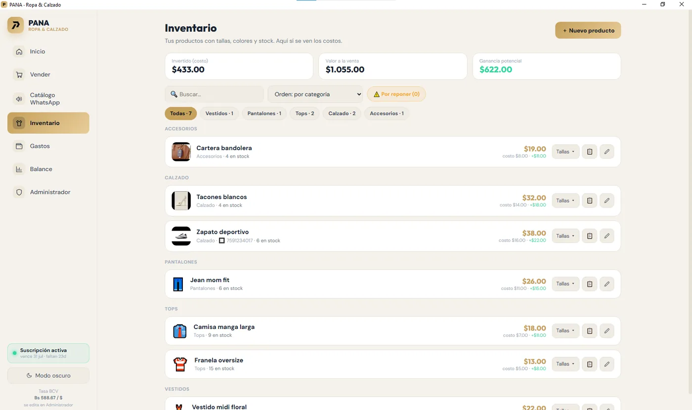 Sistema PANA — inventario real con costos y ganancia